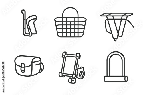 Bicycle Accessories Icons. Line style icons of bicycle accessories: water bottle holder, front basket, rear rack, saddle bag,