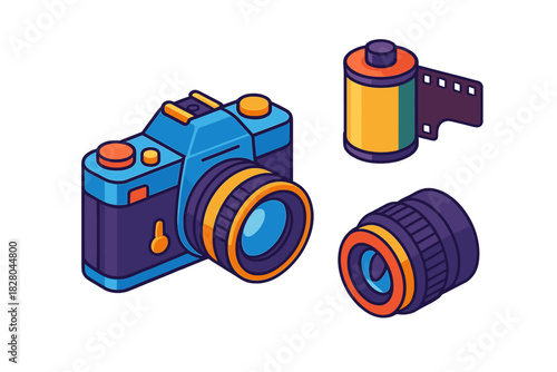 Retro Electronics Icons. Isometric vector illustration set Retro electronics – film camera body, film roll, rewind crank;