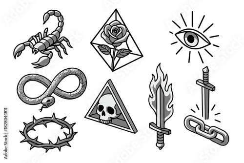 Tattoo Symbolism Icons. Isometric vector illustration set of Tattoo symbolism: scorpion with tail raised, rose in geometric shape,