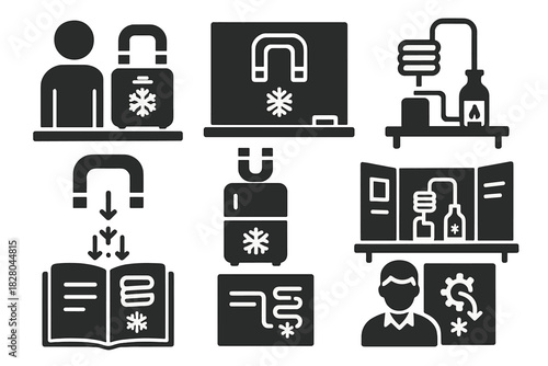Educational Demo Icons. Solid style icons of educational demonstrations: student with MCE demo, chalkboard magnet cooler sketch,
