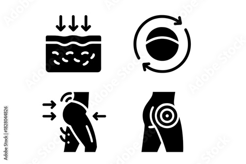 Anti-Cellulite Icons. Solid style icons of anti-cellulite air massage: dimple reduction glyph, skin-smooth ring, deep air knead
