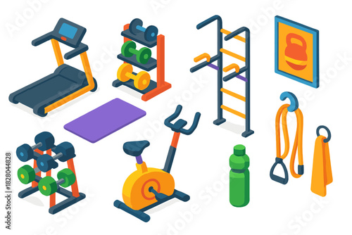 Colorful Home Gym Icons. Isometric vector illustration set Interior layout – home gym treadmill, dumbbell rack, yoga mat; exercise