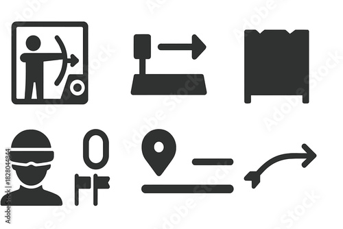 Archery Range Icons. Solid style icons of archery range layout: shooting lane icon, target distance slab, barrier wall panel.