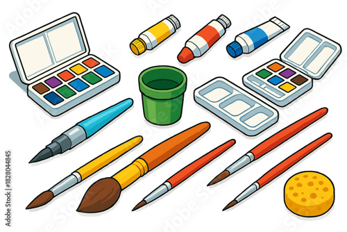 Vibrant Art Supplies. Isometric vector illustration set Art supplies – watercolor pan set, watercolor tubes, travel palette; water