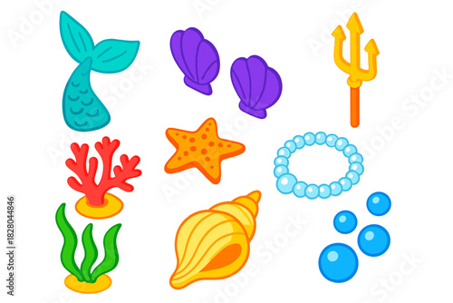 Mythic Ocean Icons. Isometric vector illustration set Mythology and folklore – fishtail, seashell bra, trident; coral reef,