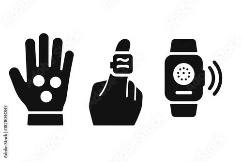 Wearable Tasting Devices. Solid style icons of wearable tasting devices: sensory glove for tasting, fingertip feedback ring, wrist