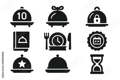 Celebratory Meal Icons. Solid style icons of celebratory time meals: milestone feast tray, anniversary flavor dome, event-locked