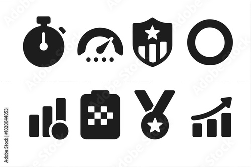 Ride Timing Icons. Solid style icons of ride timing and records: stopwatch glyph, speed meter icon, leaderboard badge. Record ring