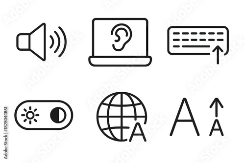 Virtual Lab Tool Icons. Line style icons of virtual lab accessibility tools: text-to-speech icon, screen reader compatibility,