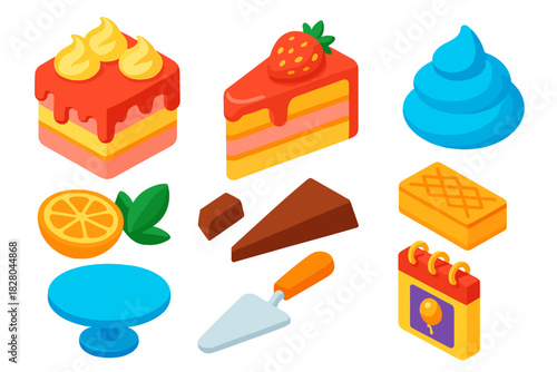 Colorful Dessert Icons. Isometric vector illustration set Ice cream and desserts – ice cream cake, cake slice, frosting swirl;