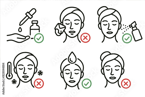 Cryo Facial Dos and Don'ts. Line style icons of cryo facial dos and don’ts: green check for cold serum, red X for direct ice cube,