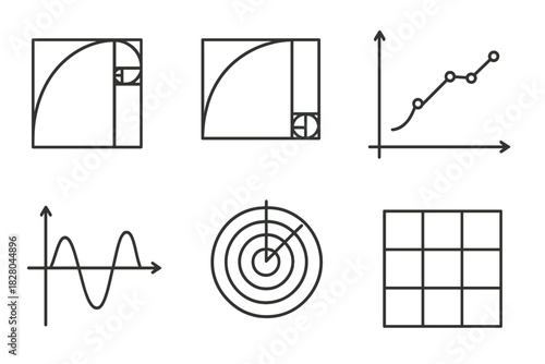 Abstract Math Icons. Line style icons of abstract math art: golden ratio spiral, Fibonacci sequence arc, graph plotting art,