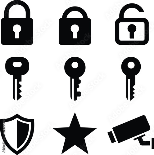 Security and access control icons: locks, keys, shield, camera