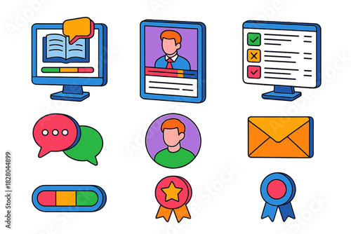 Online Learning Icons. Isometric vector illustration set Language learning – online course platform UI, lecture video, quiz module