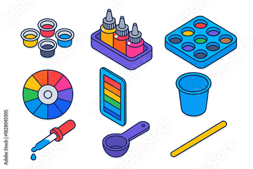 Tattoo Tools Isometric Illustration. Isometric vector illustration set Tattoo equipment – bottle insert caps, ink bottle rack,