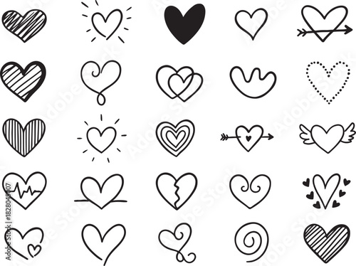  set of Doodle Heart Bundle silhouette line art Valentines Day