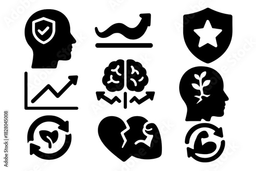 Behavioral Resilience Icons. Solid style icons of behavioral resilience: mindset shield icon, emotional bounce-back wave, personal