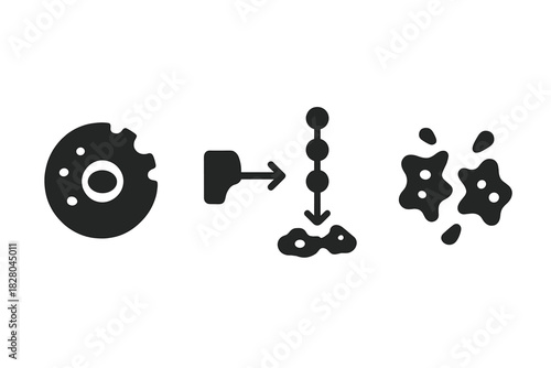 Necrotic Pathway Icons. Solid style icons of necrotic signal pathways: blackened nucleus icon, decay chain symbol, apoptosis