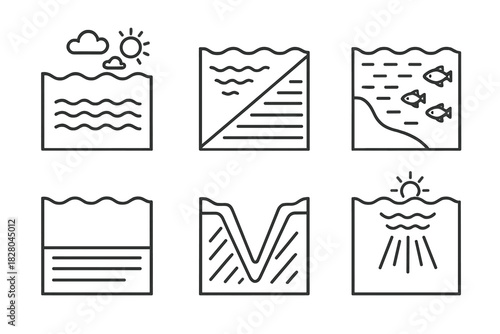 Ocean Layer Diagrams. Line style icons of ocean layers: surface layer diagram, thermocline icon, deep sea zone, abyssal plain