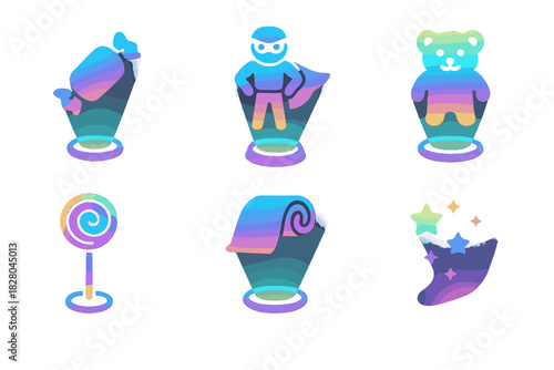 Holographic Snack Icons. Solid style icons of kids’ holographic snacks: cartoon beam candy, superhero projection treat, glowing