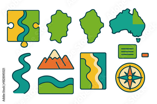Colorful Map Fragments. Isometric vector illustration set Puzzle pieces – map fragment, country shape, continent outline; river