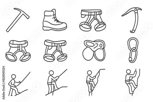 Beginner vs Expert Gear Icons. Line style icons of beginner vs expert gear: basic axe vs technical tool, single layer boots vs