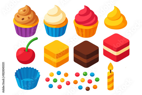 Dessert Delights Collection. Isometric vector illustration set Ice cream and desserts – cupcake set, frosting swirl, cherry top;