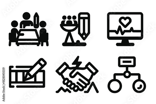 Scriptwriting Icon Set. Line style icons of Crowdsourced Scriptwriting: writing room icon, team input scale, live story pulse,