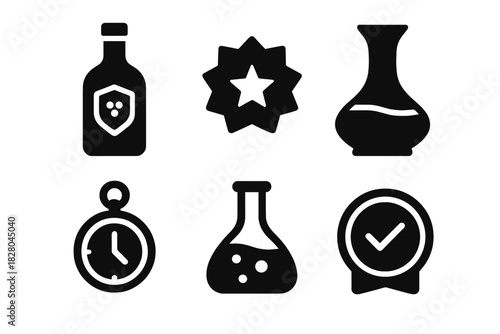 Luxury Wine Icons. Solid style icons of luxury lab vintages: black label synthetic wine, instant elite badge, crystal decanter