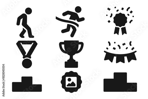 Reverse Celebration Icons. Solid style icons of finish celebration in reverse: runner moonwalking pose, backward tape crossing