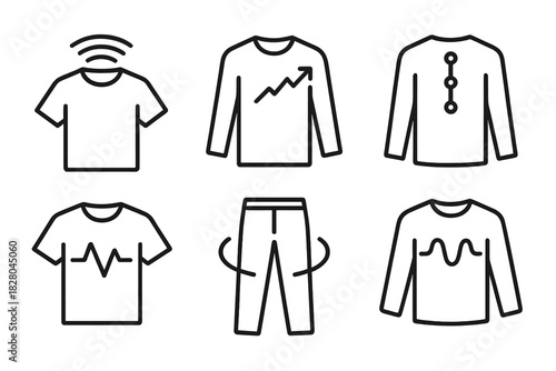 Wearable Tech Flow. Line style icons of data flow through fabrics: signal stream from collar, energy pulse on sleeve, sensor nodes