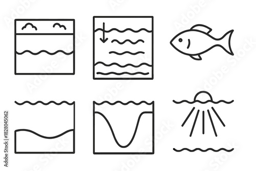 Ocean Layer Diagrams. Line style icons of ocean layers: surface layer diagram, thermocline icon, deep sea zone, abyssal plain