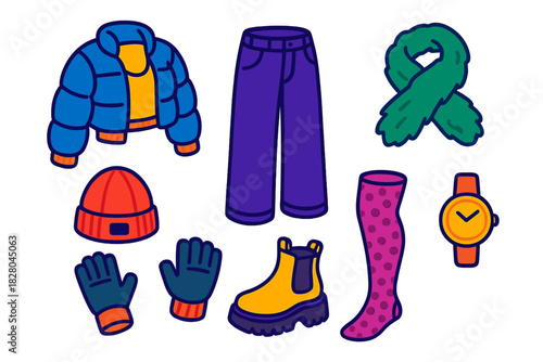 Street Style Isometric Icons. Isometric vector illustration set Street fashion – cropped puffer coat, wide-leg pants, ribbed tank;