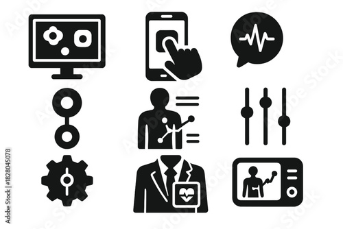 Smart Sensor Icons. Solid style icons of smart sensor feedback: pressure map screen, responsive wrap icon, feedback pulse badge.