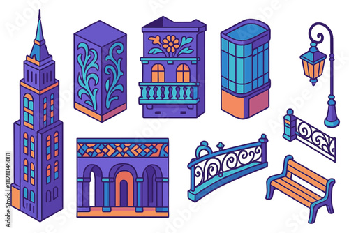 Art Nouveau Skyscrapers. Isometric vector illustration set Skyscraper silhouettes – art nouveau spire, organic ornament, floral