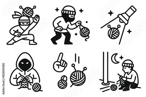 Nighttime Knitting Icons. Line style icons of nighttime knitting missions: yarn ninja pose, stealth knitter figure, flashlight