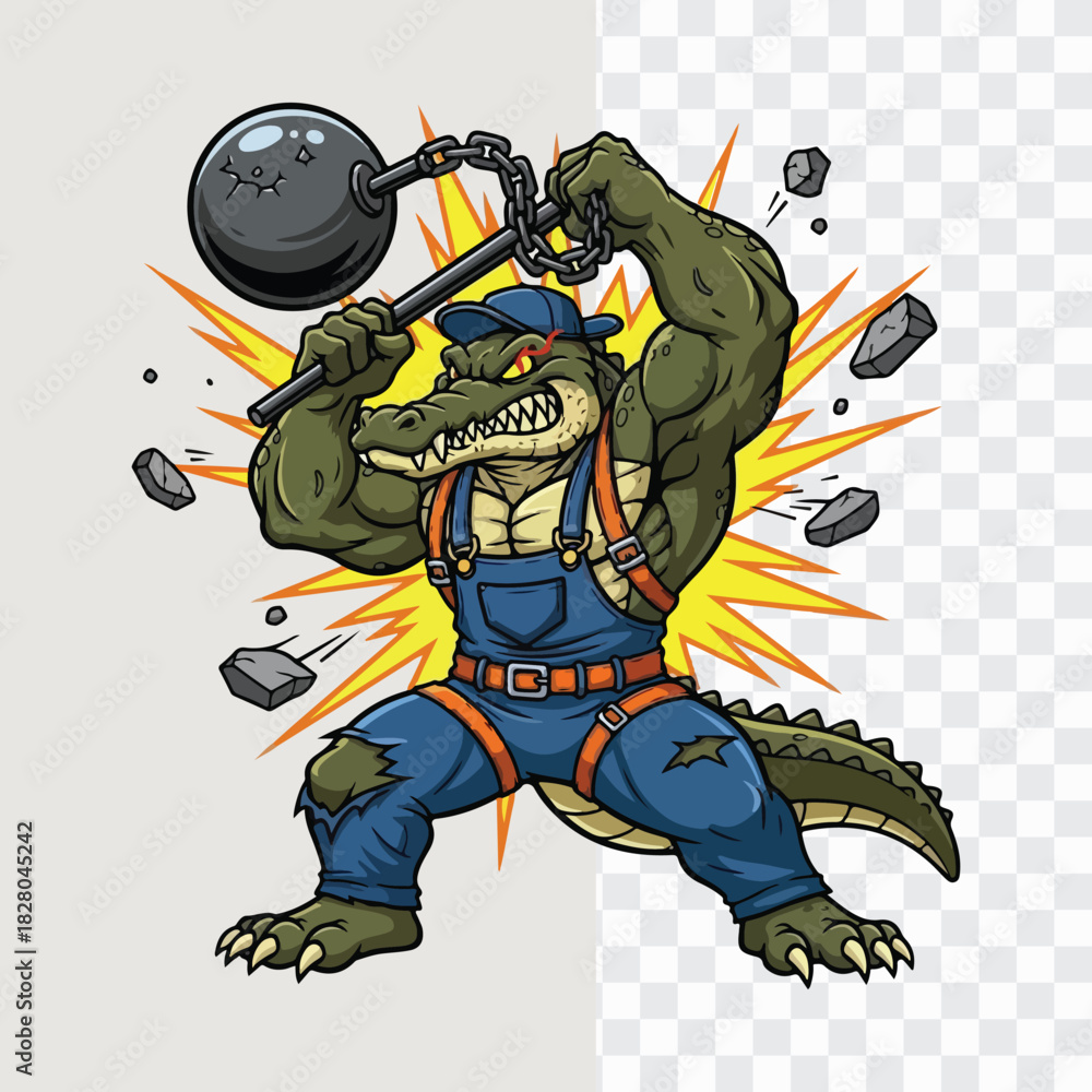 Obraz premium Strong Alligator Mascot Illustration – Muscular Crocodile Construction Worker Swinging Wrecking Ball