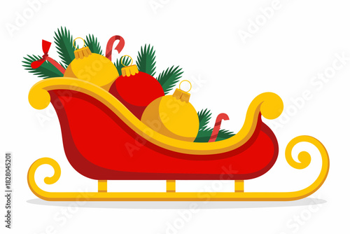 A red and gold sleigh filled with Christmas ornaments and pine branches.