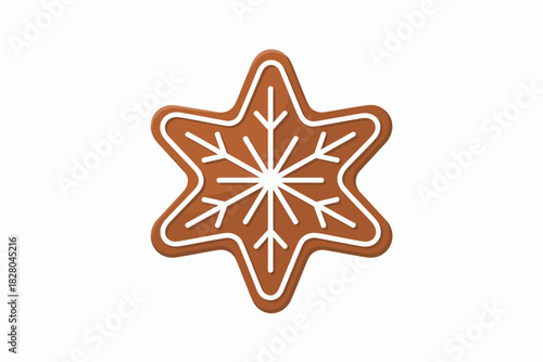 A single gingerbread cookie in the shape of a snowflake is on a white background.