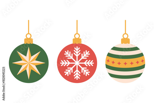 Three festive Christmas ornaments hang against a white background.