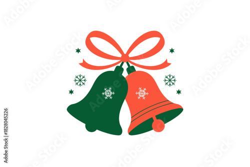 Two Christmas bells are tied with a red ribbon on a white background.