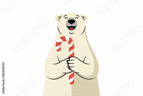 A happy polar bear holds a candy cane with joy.