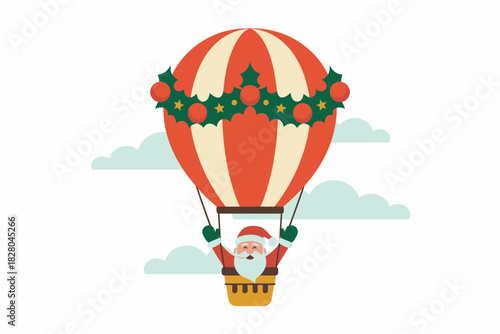 Santa Claus rides in a hot air balloon decorated with holly for Christmas.