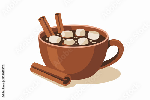 A warm cup of hot chocolate with marshmallows and cinnamon sticks.