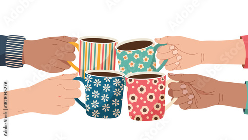 Diverse hands toasting coffee mugs with floral patterns for a cozy gathering or virtual team meeting illustration moment