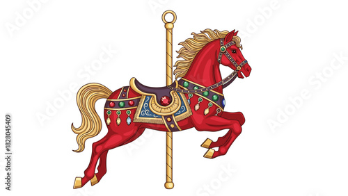 Whimsical red carousel horse with golden accents evokes a sense of childhood joy and nostalgia for vintage amusement park rides and fun fairs