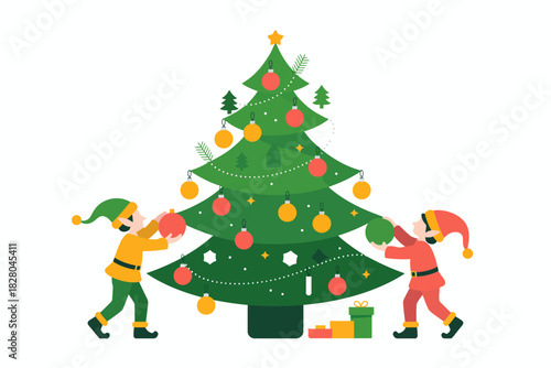 Two elves decorate a Christmas tree with ornaments and presents below.