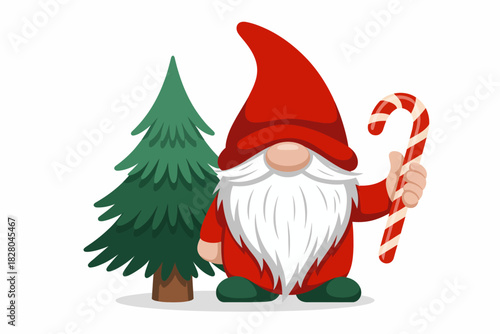 A gnome holds a candy cane next to a Christmas tree.