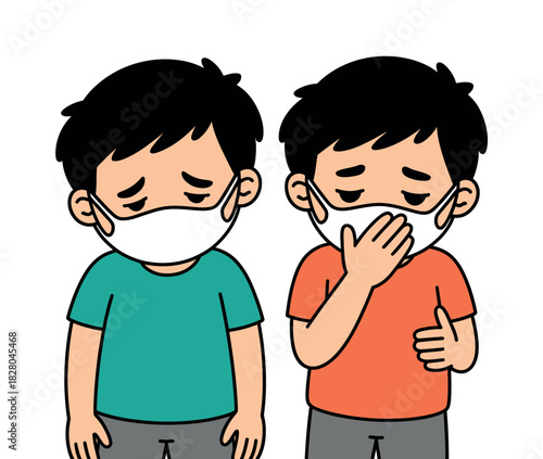 Two cartoon children wearing face masks appear unwell and concerned about potential illness during a health crisis.