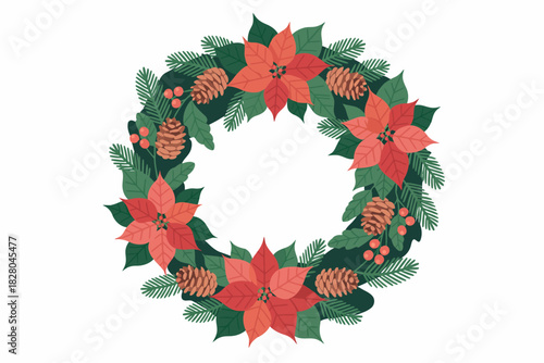 A festive Christmas wreath with poinsettias and pinecones adorns the foreground.
